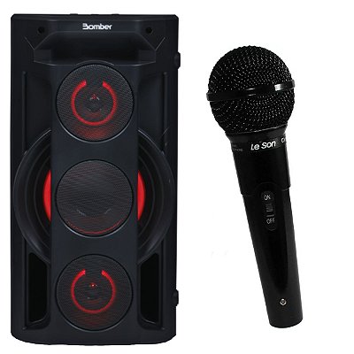 Microfone com Fio Preto Profissional MC200 P10 + Portátil Alto Falante Bomber Play 770 Bluetooth