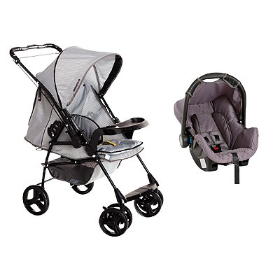 Carrinho de Bebê De Passeio Milano Rv II Cinza + Bebê Conforto Grid Preto Cinza C/ Capota Leve Galzerano