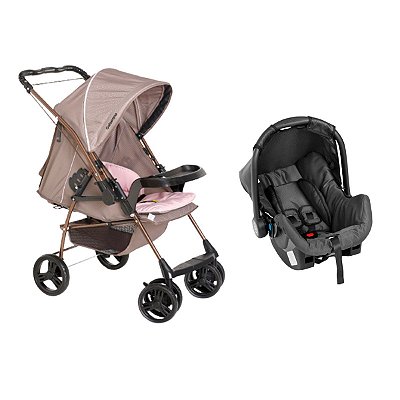 Carrinho Para Bebê Rev II Milano Capuccino Rosa Com 4 Rodas + Bebe Conforto Preto Com Capota Galzerano