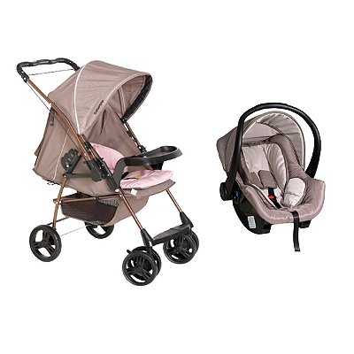 Carrinho Para Bebê Rev II Milano De Passeio Capuccino Rosa Com 4 Rodas + Bebê Conforto Cocoon Galzerano