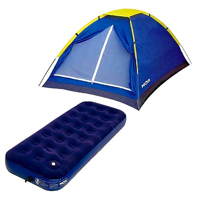 Barraca de Camping Tipo Iglu Azul MOR para 3 Pessoas Fácil Montagem Sacola de Transporte Com Colchão Solteiro Inflável