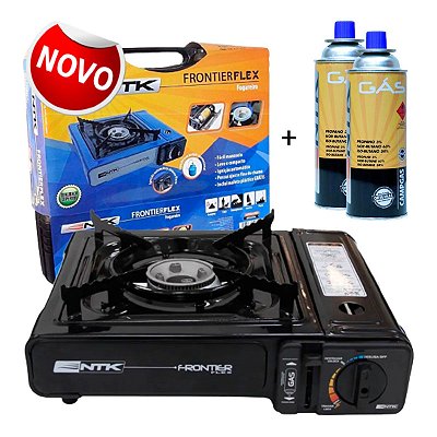 Fogareiro Frontier Preto 3 em 1 NTK para camping e pesca + 2 Cartuchos de gás NTK Campgás Para Fogareiros e Maçaricos