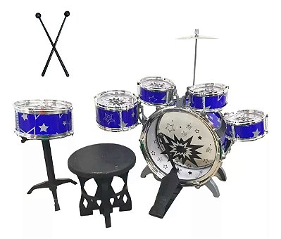 Mini Bateria Música Infantil Baqueta Brinquedo Importway Cor Azul Com Banqueta Pedal Menino