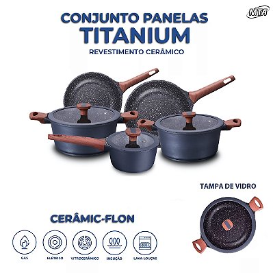 Jogo De Panelas 5 Peças Titanium Premium MTA Revestimento Cerâmico Antiaderente Não Gruda Atóxico PFOA Free