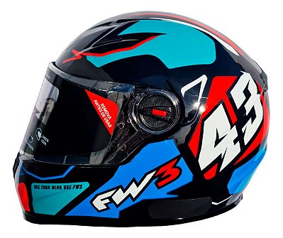 Capacete Moto Fechado FW3 GTX 43 Tamanho 60 Viseira Cristal 2mm ABS Óculos Interno Fumê Proteção UV Vermelho/Azul