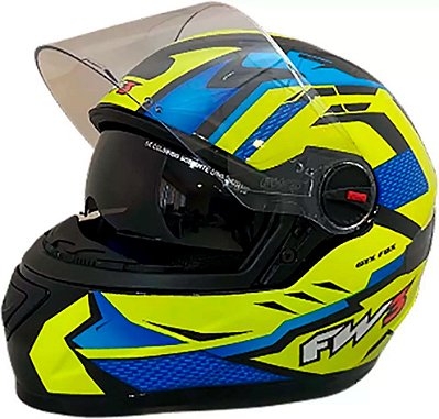 Capacete Moto Fechado GTX Fox FW3 Tamanho 56 Viseira Cristal ABS Óculos Interno Fume Amarelo/Azul