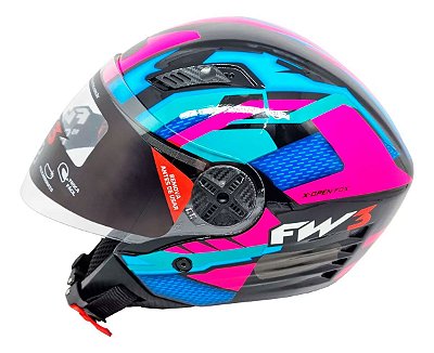 Capacete Moto Aberto FW3 X Open Up Fox 60 Viseira Cristal 2mm Óculos Interno Fume Entrada de Ar Frontal Azul/Rosa
