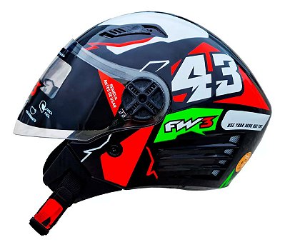 Capacete Moto Aberto Fw3 X Open Up 43 Tamanho 58 Viseira Cristal Óculos Interno Fumê ABS Vermelho/Verde