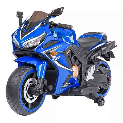 Mini Moto Eletrica 12v Azul CBR Suporta 30kg Marcha Ré Bluetooth Luzes Velocidade Máxima 3km/h Bivolt