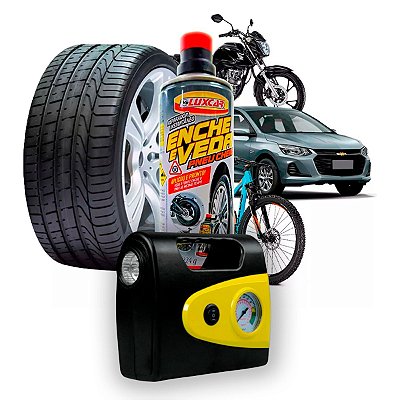 Reparador Instantâneo Enche e Veda Pneu Cheio 400ml Luxcar + Compressor Ar Portátil 260psi 12v