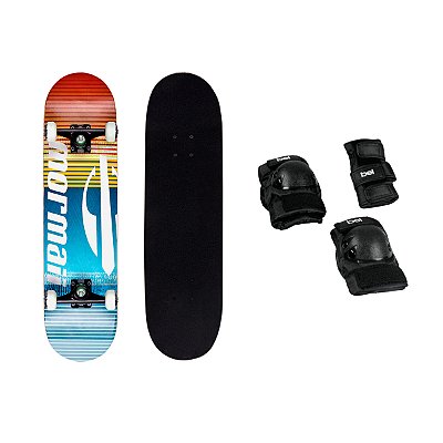 Skate Pro Urban Vermelho Amarelo e Azul + Kit Proteção Contra Impactos Bel Tamanho M