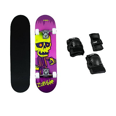 Skate Estampa Caveira Zumbi Semi Profissional + Kit Proteção Tamanho M Ajustável