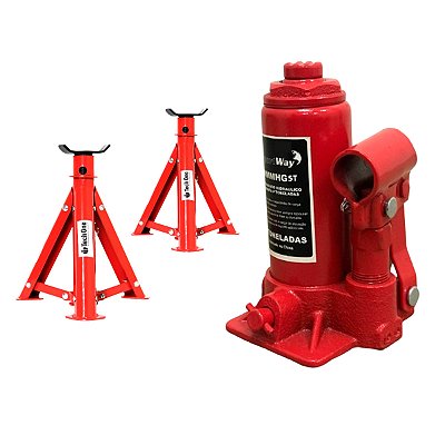 Mini Macaco Hidráulico Garrafa 5 Toneladas + Par Cavalete Automotivo Retrátil 2 Toneladas