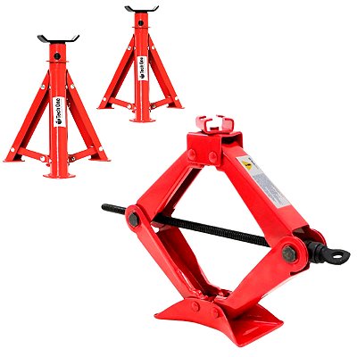 Macaco Hidráulico Tipo Sanfona 2 Toneladas + Par Cavalete Automotivo Retrátil 2 Toneladas