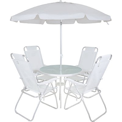 Conjunto Noronha Guarda-Sol Branco + 4 Cadeiras + Mesa em Aluminio Reclinável Regulável Bel