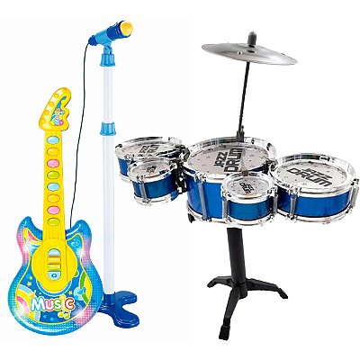 Kit Banda Infantil Bateria Guitarra Microfone Azul Meninos Meninas Irmãos Gêmeos Amigos