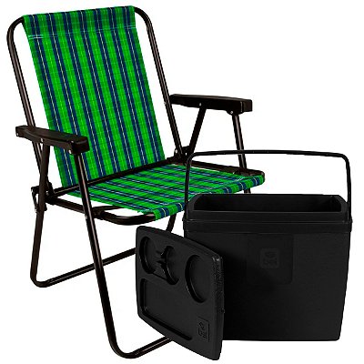 Cadeira Alta Praia Aço Verde Xadrez Suporta 110kg + Caixa Térmica Cooler 19L 26 Latas Alça Preta