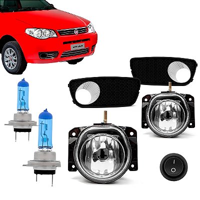 Kit Farol Auxiliar de Milha Palio Weekend Siena Fire + Par Lâmpadas H1 Super Brancas Efeito Xenôn
