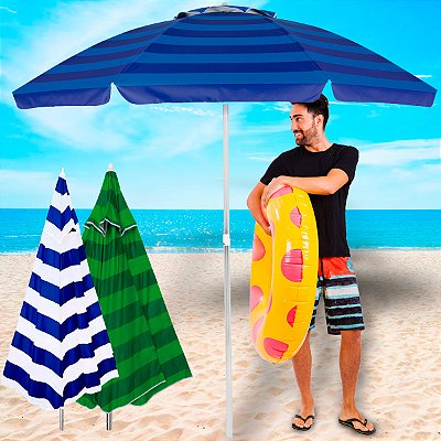 Guarda Sol 2,4 Metros Para Piscina Praia Pesca Articulado Verde Azul Branco Listrado Poliéster Com Silvercoating Mor