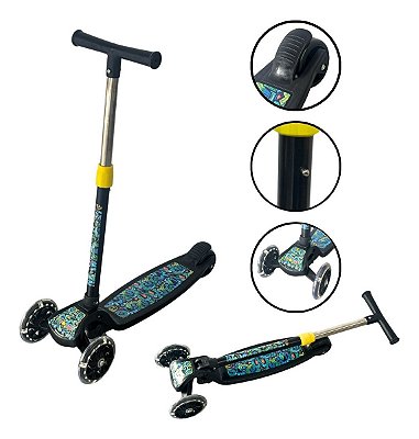 Patinete 3 Rodas Dobráveis E Ajustável Preto Com Desenho Preto Importway