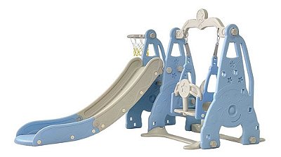 Playground 3 Em 1 Escorregador Balanço Cesta Azul E Cinza Importway