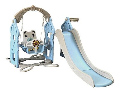 Playground Infantil 3 Em 1 Escorregador Balanço Cesta Urso Azul Importway