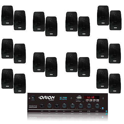 Kit Amplificador Som Ambiente Orion 500W 4 Canais + 10 Pares de Caixa de Som Ambiente Preta 100W à Prova d’Água