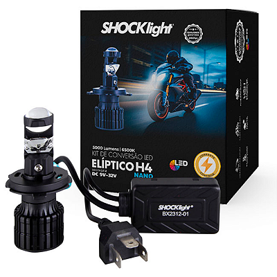 Lâmpada Farol Projetor Canhão LED Elíptico Nano H4 para Moto 35W 5000LM 6500K Luz Branca - ShockLight