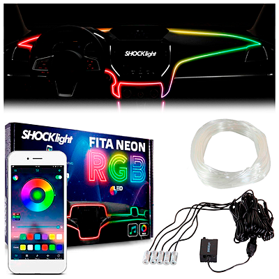 Fita Neon Automotiva Shocklight RGB 5 Canhões 12V Luz Painel Console Porta Controle Via App Bluetooth