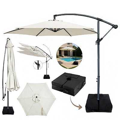 Ombrelone Lateral 3,00m Branco com Base e Manivela Proteção Solar UV Cobertura Poliéster Resistente para Jardim Piscina