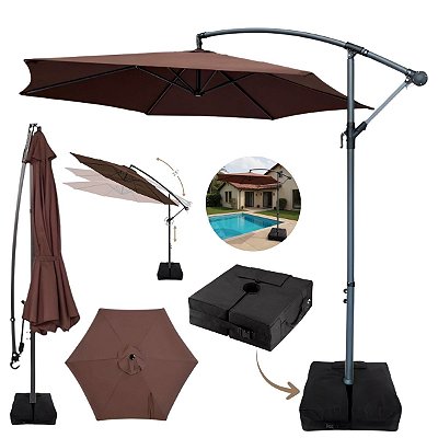 Ombrelone Lateral 3,00m Terracota com Base e Manivela Proteção Solar UV Cobertura Poliéster Resistente p/Jardim Piscina