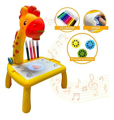 Mesa Mágica Infantil Com Projetor Girafa Amarela Educativa Com Canetinha, Apagador E Luz Led