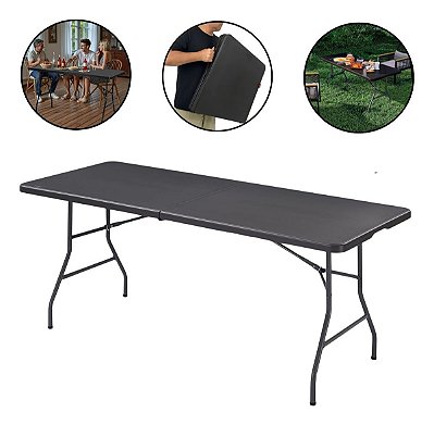 Mesa Dobrável Portátil 1,80x0,73m Preta Importway Vira Maleta Ideal Para Camping E Churrasco