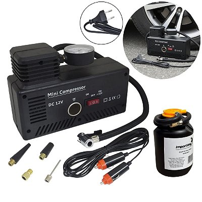 Mini Compressor de Ar 2 em 1 Automotivo Elétrico 12V 300PSI 30L/min com Selante e Bicos Adaptadores Portátil para Viagem