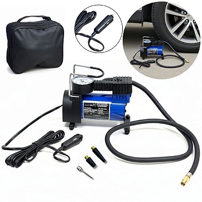 Mini Compressor de Ar Azul Automotivo 12V 150PSI 35L/min c/Selante e Bolsa Portátil p/ Carro Moto e Bicicleta Importway
