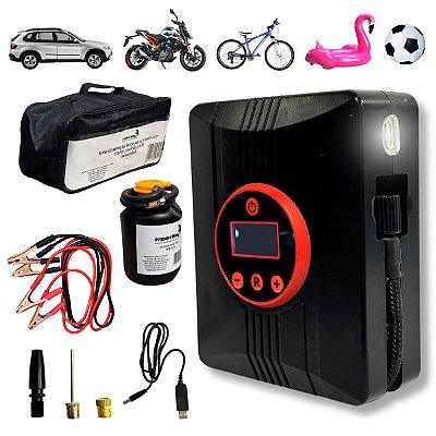 Mini Compressor de Ar Automotivo 150PSI Sem Fio c/Selante Lanterna LED e Bolsa Portátil Recarregável 9V p Carros e Motos