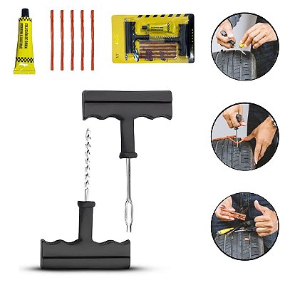 Kit Reparo de Pneus Emergencial Portátil Para Carros Motos Com 2 Manoplas 5 Tiras Adesivas e Cola - Importway