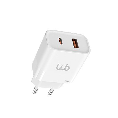 Carregador Ultra Rápido Bivolt 30W Portátil Para Smartphone Android e iPhone DualCharge USB-C + USB-A Branco - Mimo