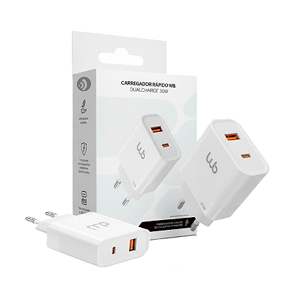 Carregador Ultra Rápido Bivolt 30W Portátil Para Smartphone Android e iPhone DualCharge USB-C + USB-A Branco - Mimo
