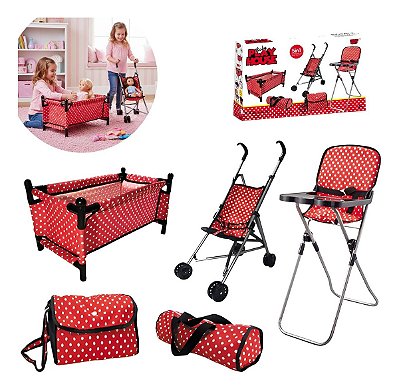 Kit Carrinho De Boneca Infantil 5 Peças Vermelho Importway Com Cadeira, Bercinho, Mochila E Acessórios