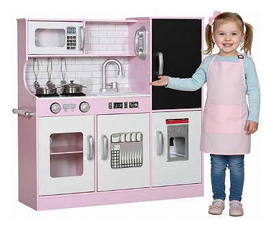 Cozinha Infantil Grande Mdf Rosa Com Lava Louça Geladeira Fogão Pia Torneira E Micro-ondas Brinquedo Realista Completo
