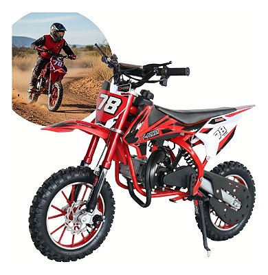 Mini Moto 49cc Vermelha Cross Infantil Com Partida Elétrica Freio A Disco E Estilo Radical Ideal Para Aventura Extrema