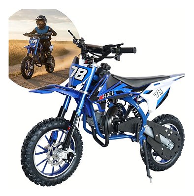 Mini Moto 49cc Azul Cross Infantil Com Partida Elétrica Freio A Disco E Estilo Radical Ideal Para Aventura Extrema