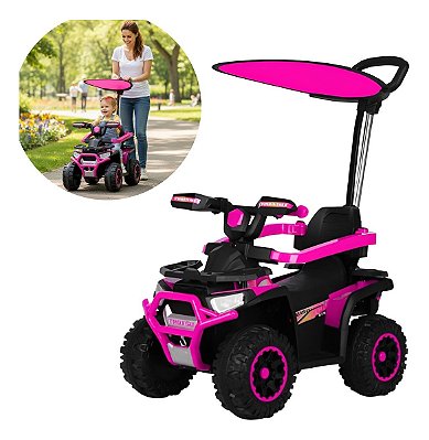 Quadriciclo Elétrico Infantil 6v Com Empurrador E Cobertura Rosa Mais Segurança Estabilidade E Diversão Para Crianças