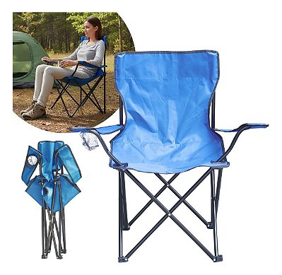 Cadeira De Camping Com Apoio De Braço E Porta Copos Azul Ideal Para Praia Camping Pescaria E Lazer