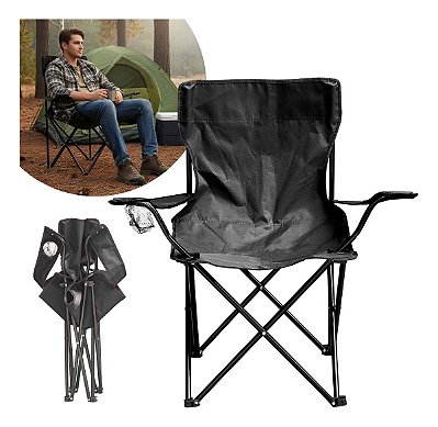Cadeira De Camping Com Apoio De Braço E Porta Copos Preta Ideal Para Praia Camping Pescaria E Lazer