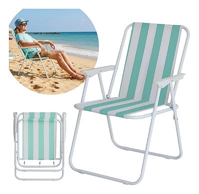 Cadeira De Praia Dobrável Ferro Branco E Verde Com Apoio De Braço Ideal Para Praia Piscina Camping E Lazer