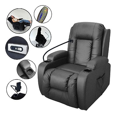 Poltrona Reclinável Preta Com Massagem Aquecimento E Suporte Celular Ideal Para Relaxar Em Casa