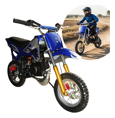 Mini Moto Azul Dirt 49cc Gasolina Com Partida Manual Freios A Disco E Design Esportivo Para Diversão Radical