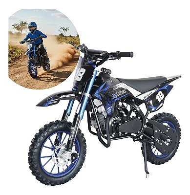 Mini Moto Gasolina Dirt 49cc Partida Elétrica Azul Ideal Para Aventura Off Road E Jovens Pilotos Iniciantes